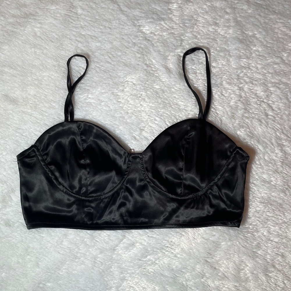 Black Satin Bustier Crop Top Underwire Zip Back M Baddie Dark Feminine Y2K